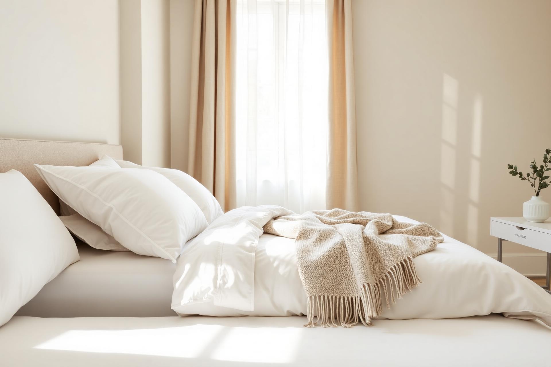 A serene, immaculately made bedroom in soft daylight