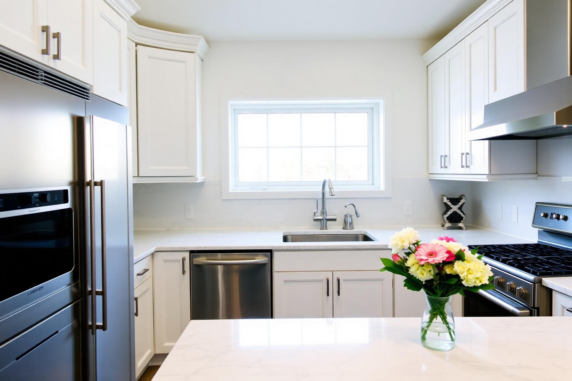 A spotless modern kitchen with marble countertops